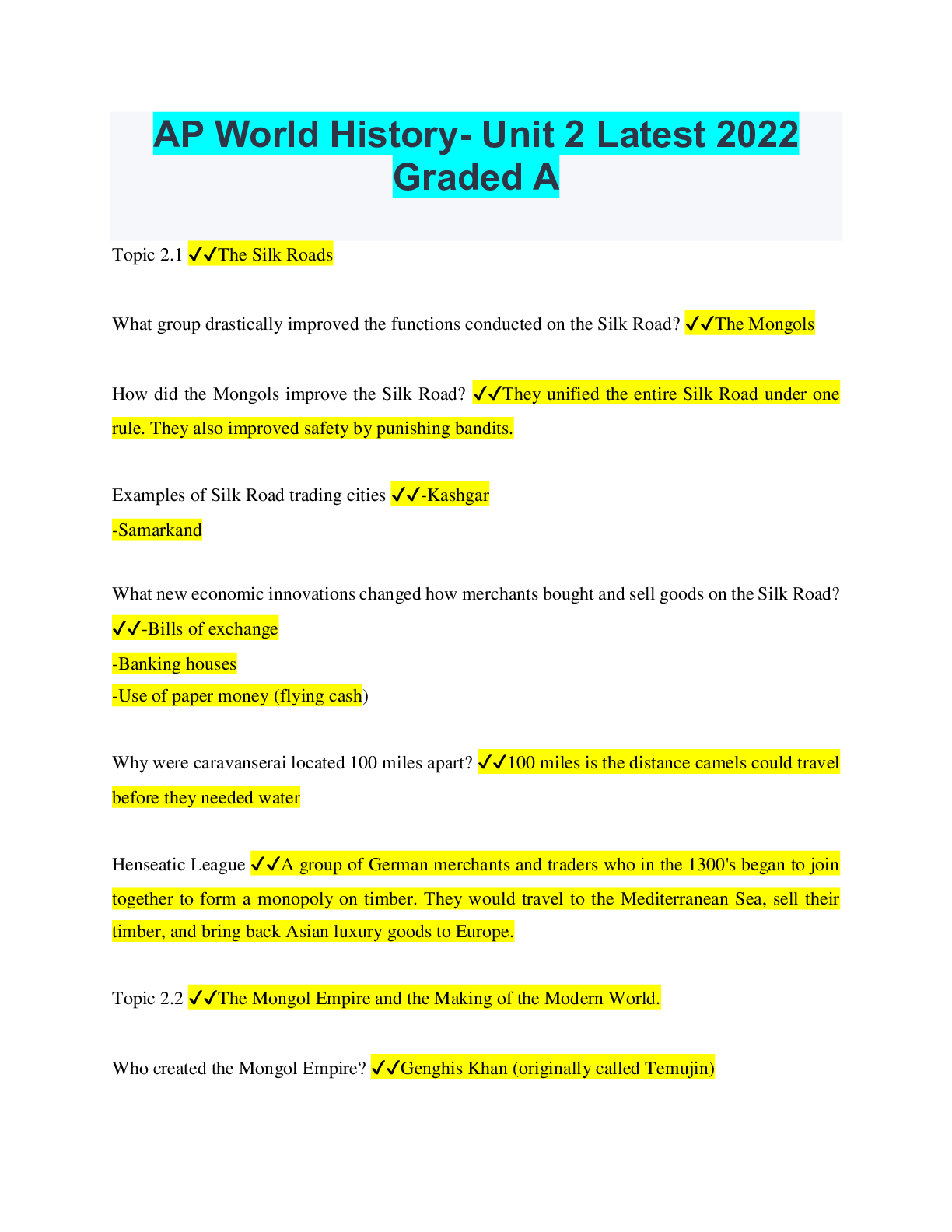 AP World History Unit 2 Latest 2022 Graded A Browsegrades